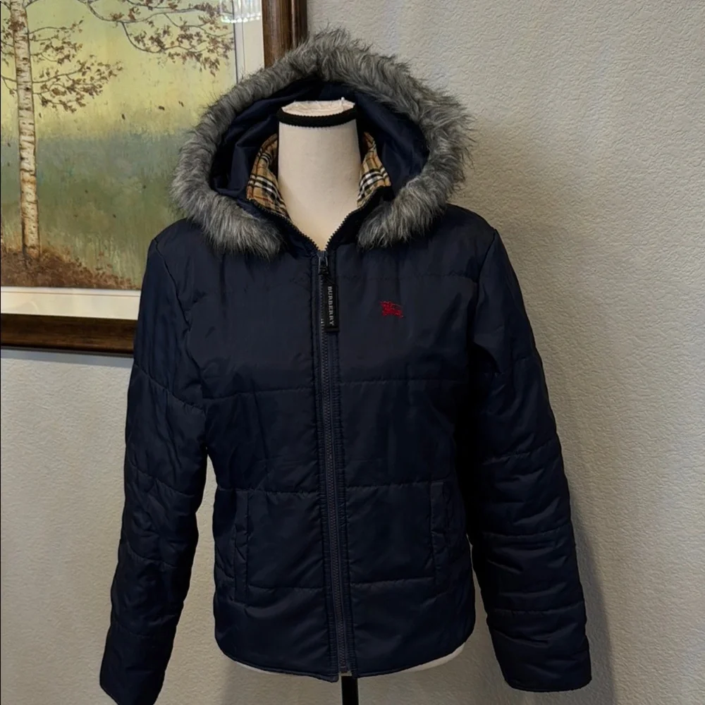 Authentic Burberry Navy Jacket with Faux Fur Hood - Picture 1 of 12